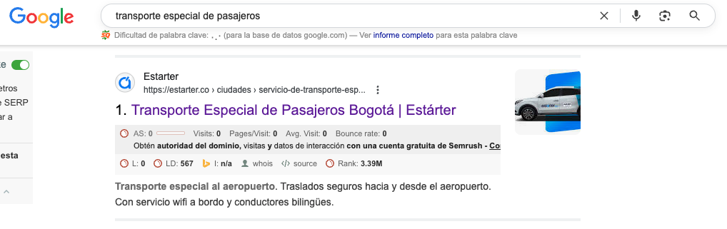 Resultado Google: transporte especial de pasajeros Bogotá