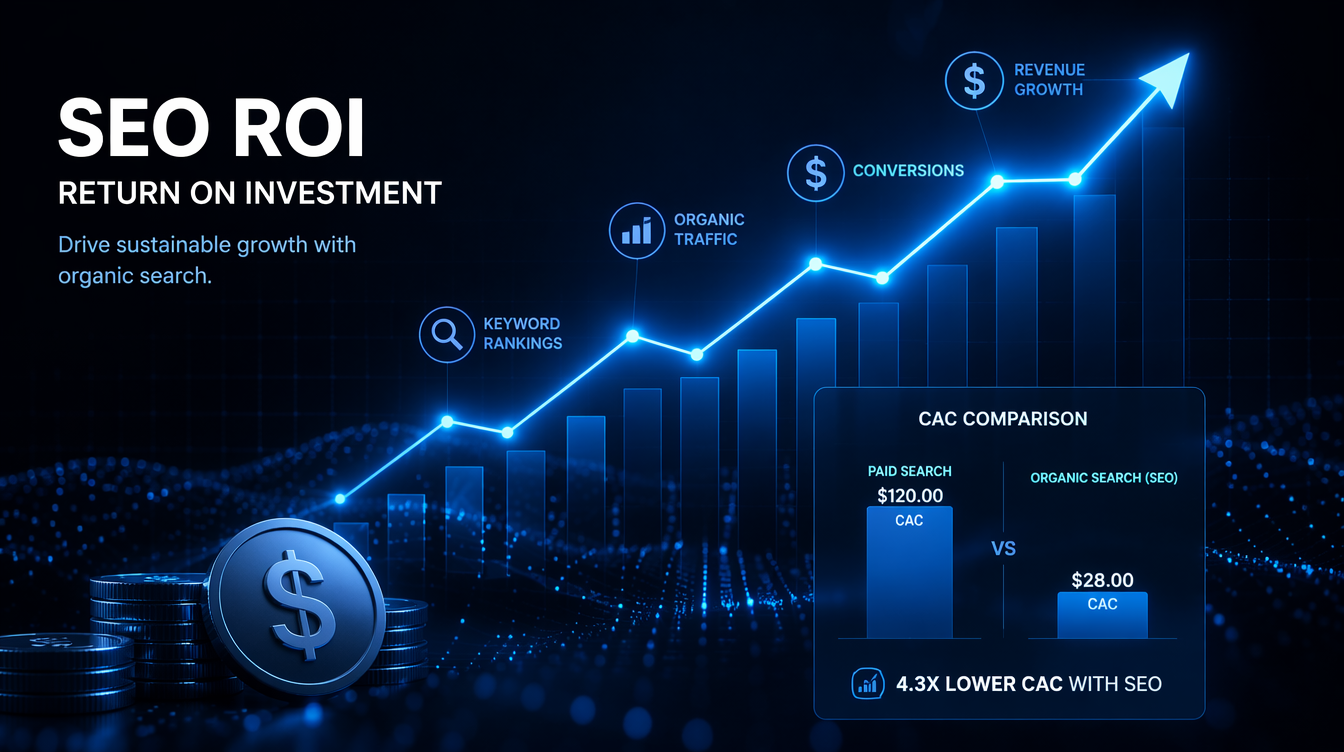 Dashboard de ROI del SEO mostrando tráfico orgánico y atribución de ingresos
