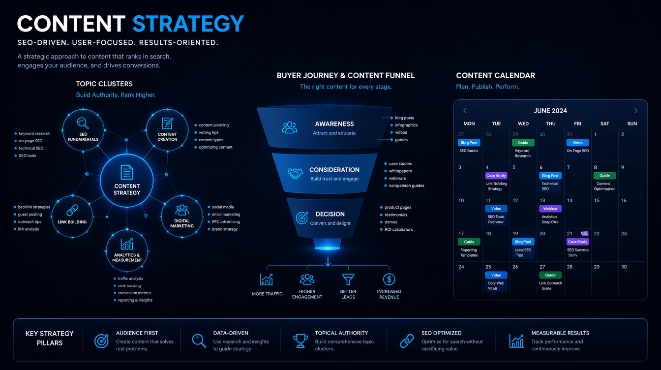 Diagrama de clúster de contenido SEO mostrando página pilar y artículos de soporte interconectados