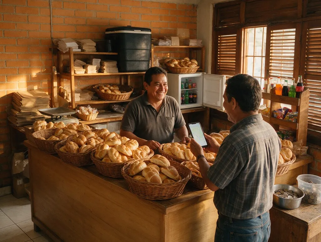 Dueño de una panadería de barrio atendiendo a un cliente