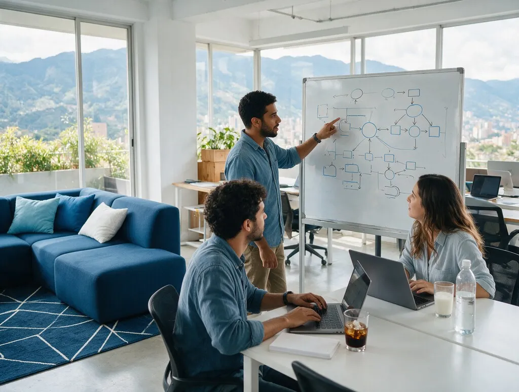 Equipo de startup trabajando en un coworking en Medellín