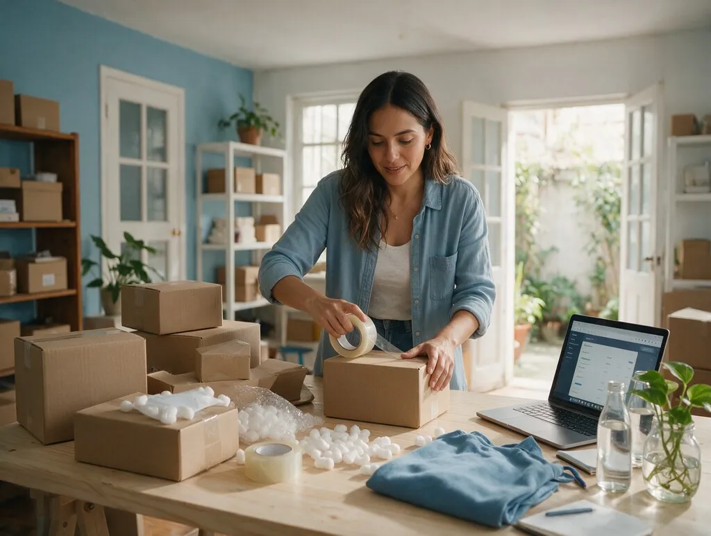 Emprendedora empacando pedidos de su tienda online